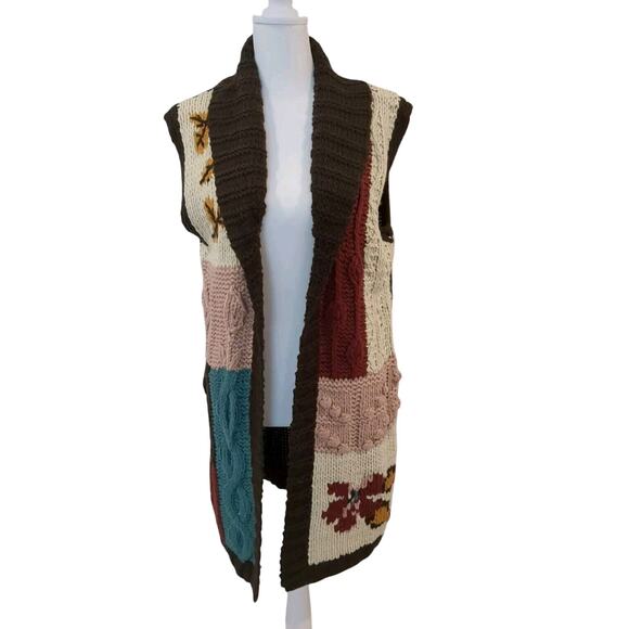 Vertigo Womens L Chunky Crochet Long Sweater Vest Brown Patchwork Boho Western - Picture 1 of 10